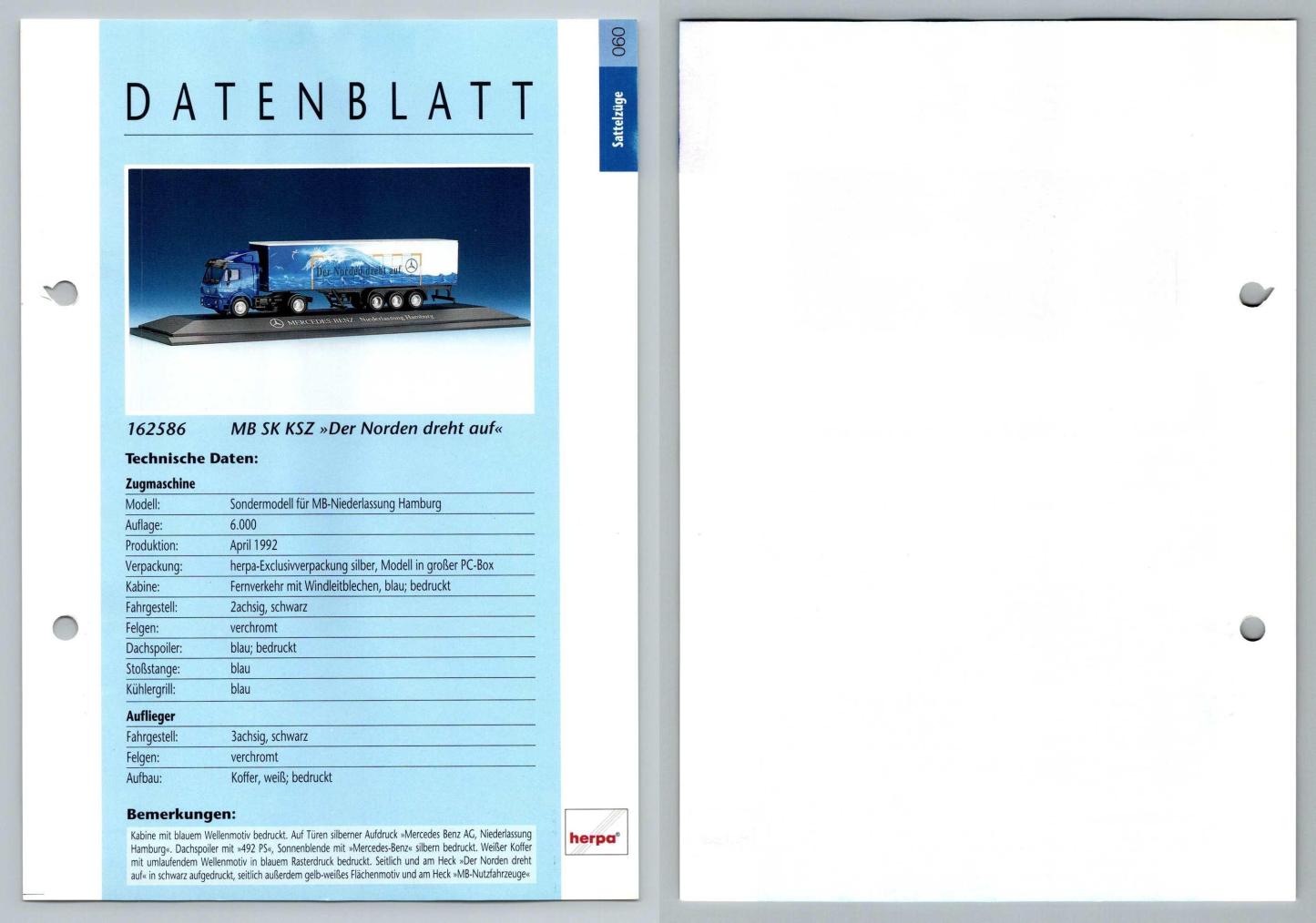 MB SK KSZ Der Norden Dreht Auf #60 Sattelzuge - Herpa Data Sheet-Breakoutcards