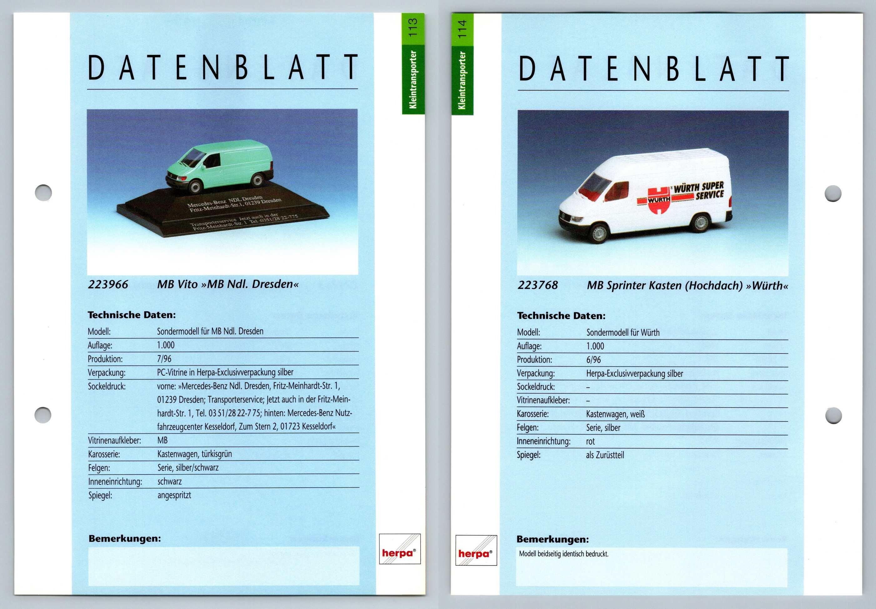 MB Vito / Sprinter Kasten #113/114 Kleintransporter - Herpa Data Sheet-Breakoutcards