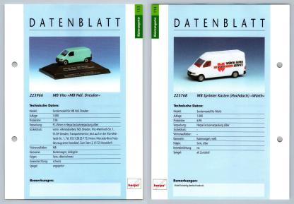MB Vito / Sprinter Kasten #113/114 Kleintransporter - Herpa Data Sheet-Breakoutcards
