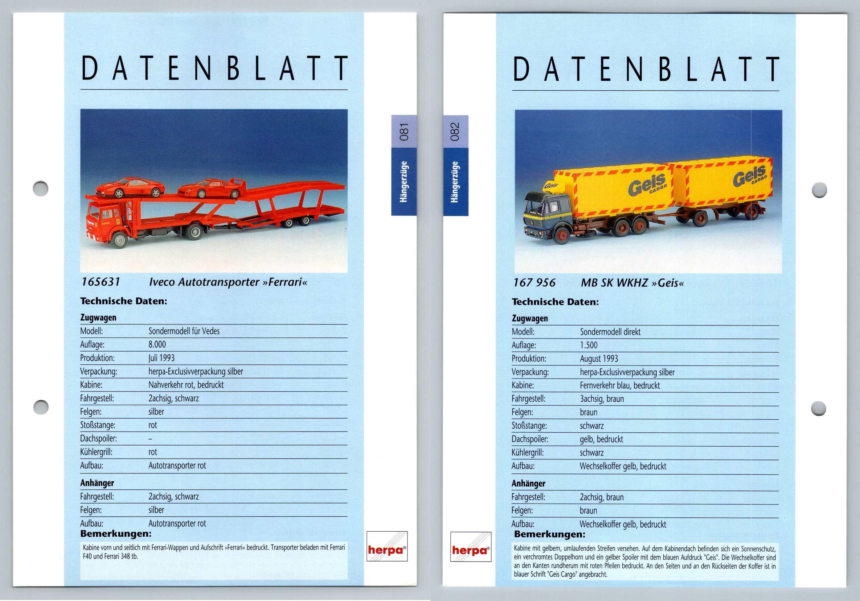 Iveco Autotransporter / MB SK WKHZ #81/2 Hangerzuge - Herpa Data Sheet-Breakoutcards