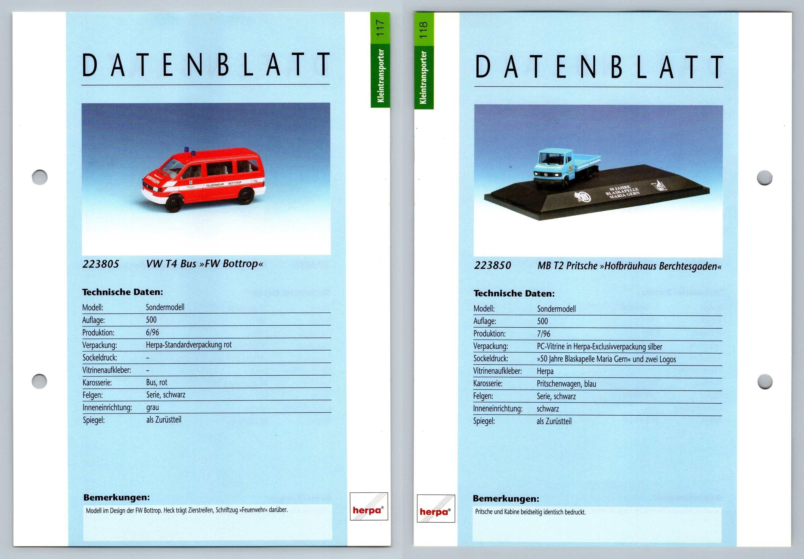 VW T4 Bus / MB T2 Pritsche #117/118 Kleintransporter - Herpa Data Sheet-Breakoutcards
