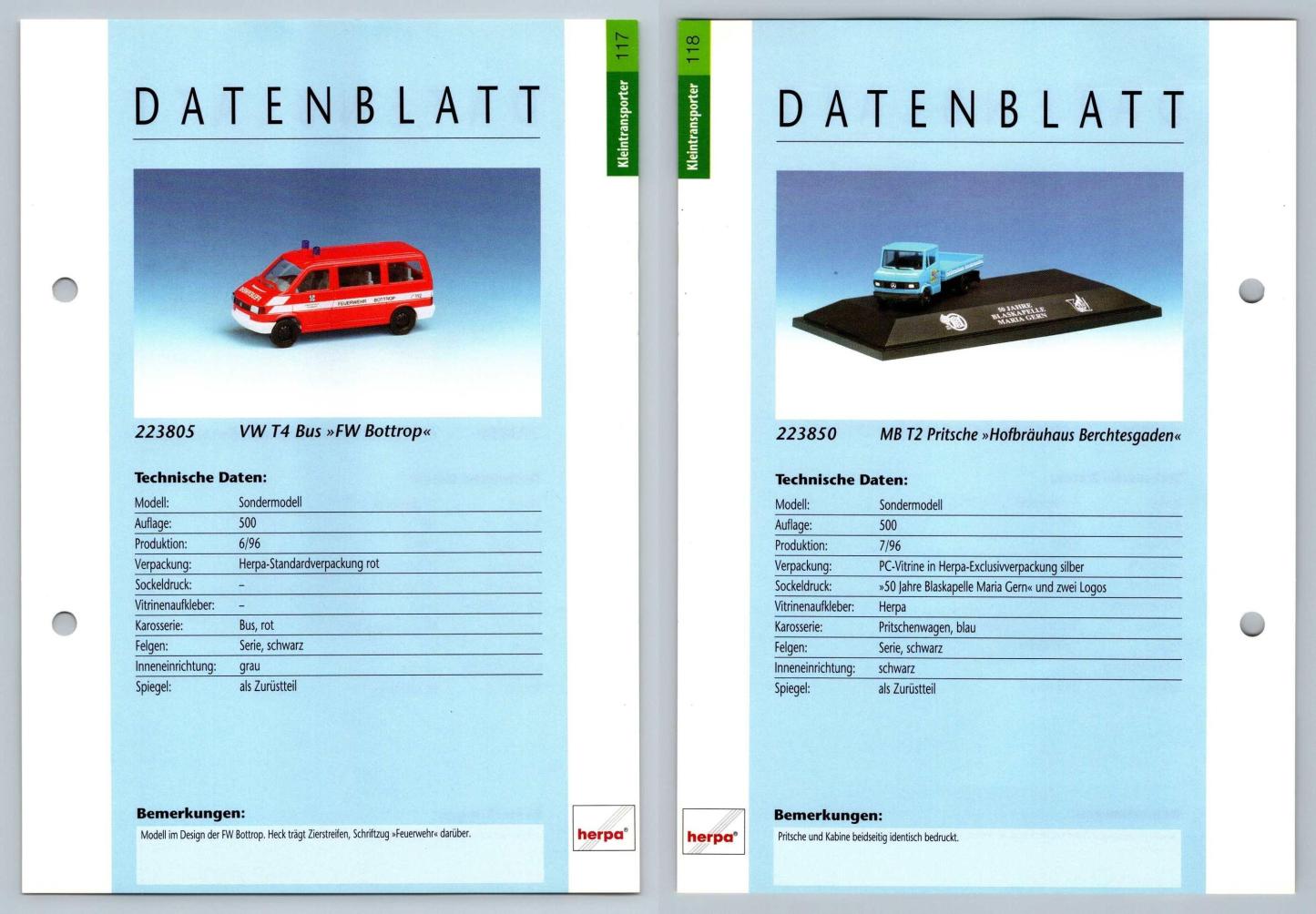 VW T4 Bus / MB T2 Pritsche #117/118 Kleintransporter - Herpa Data Sheet-Breakoutcards