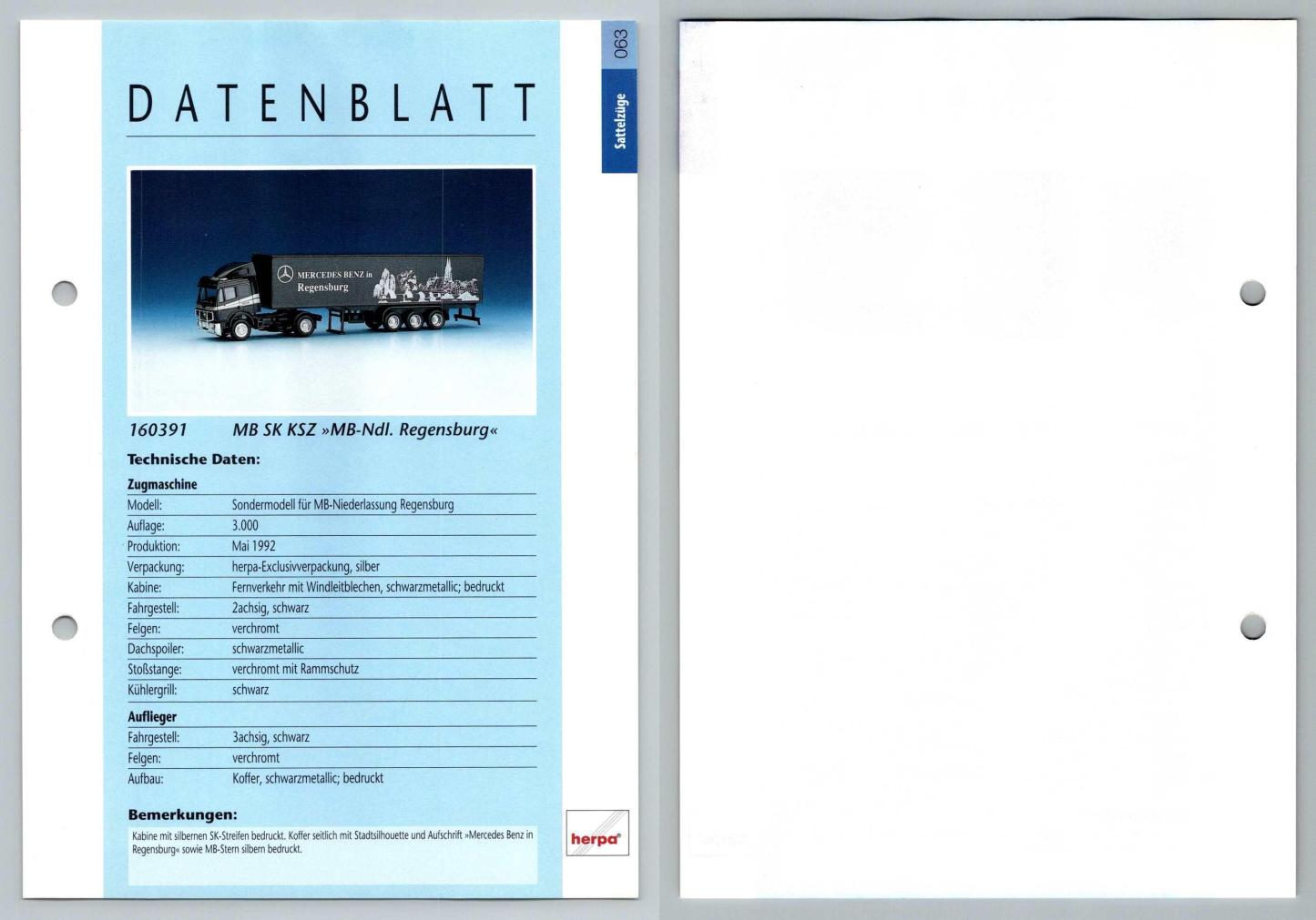 MB SK KSZ MB-Ndl Regensburg #63 Sattelzuge - Herpa Data Sheet-Breakoutcards