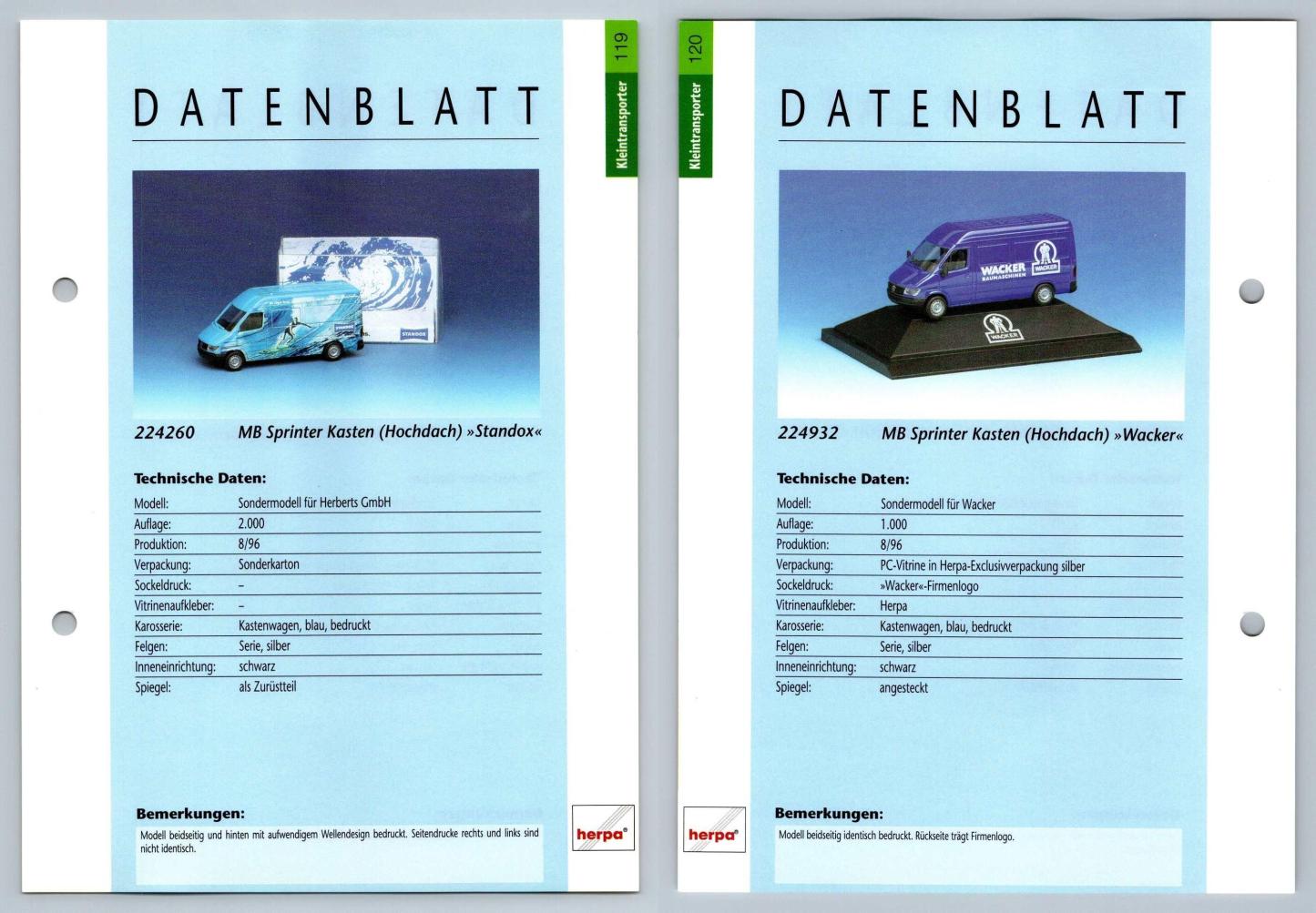 MB Sprinter Kasten Standox / Wacker #119/120 Kleintransporter - Herpa Data Sheet-Breakoutcards