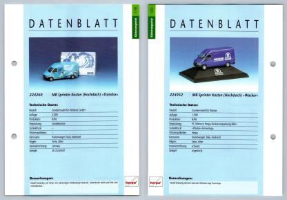 MB Sprinter Kasten Standox / Wacker #119/120 Kleintransporter - Herpa Data Sheet-Breakoutcards
