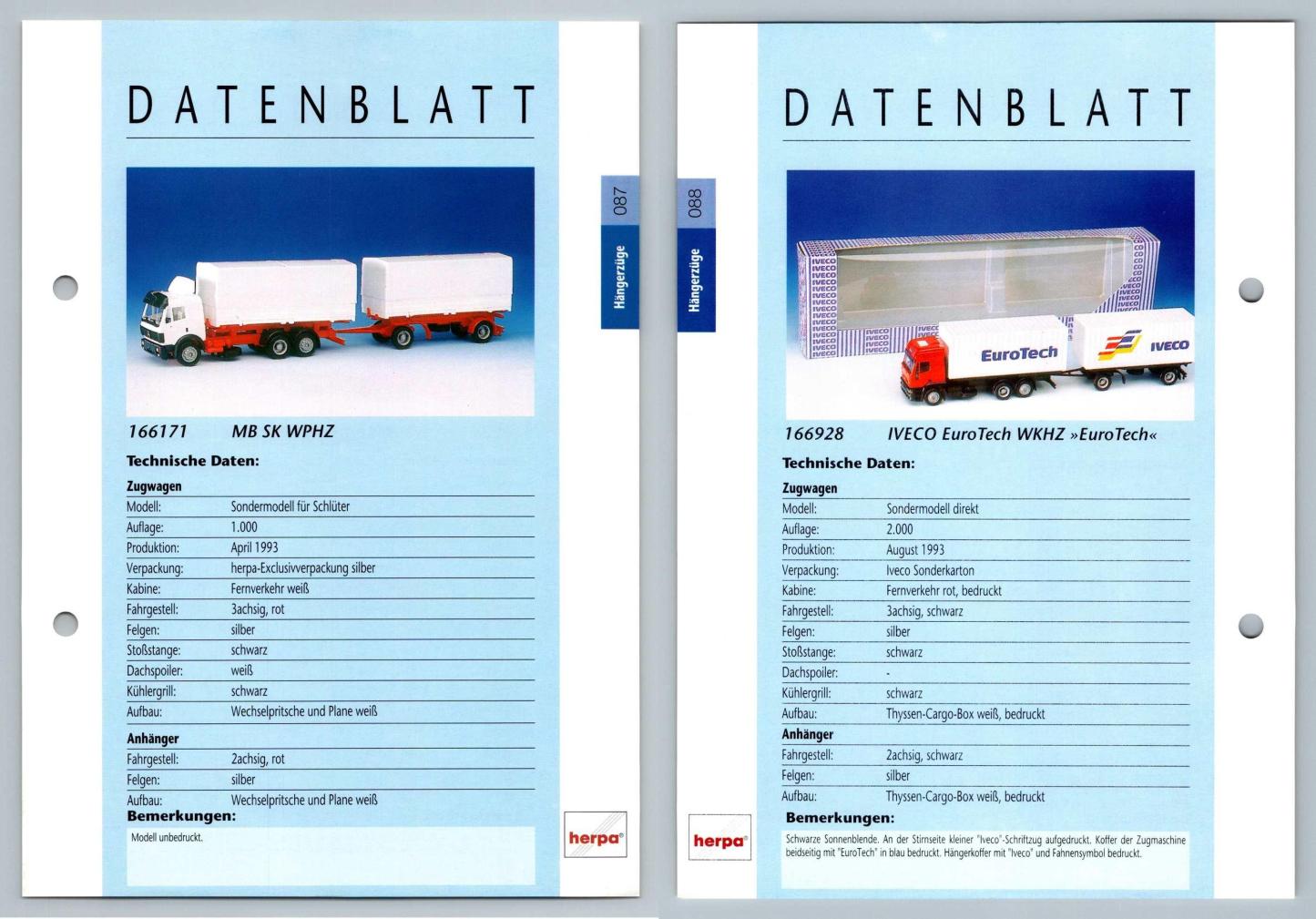 MB SK WPHZ / IVECO EuroTech WKHZ #87/8 Hangerzuge - Herpa Data Sheet-Breakoutcards