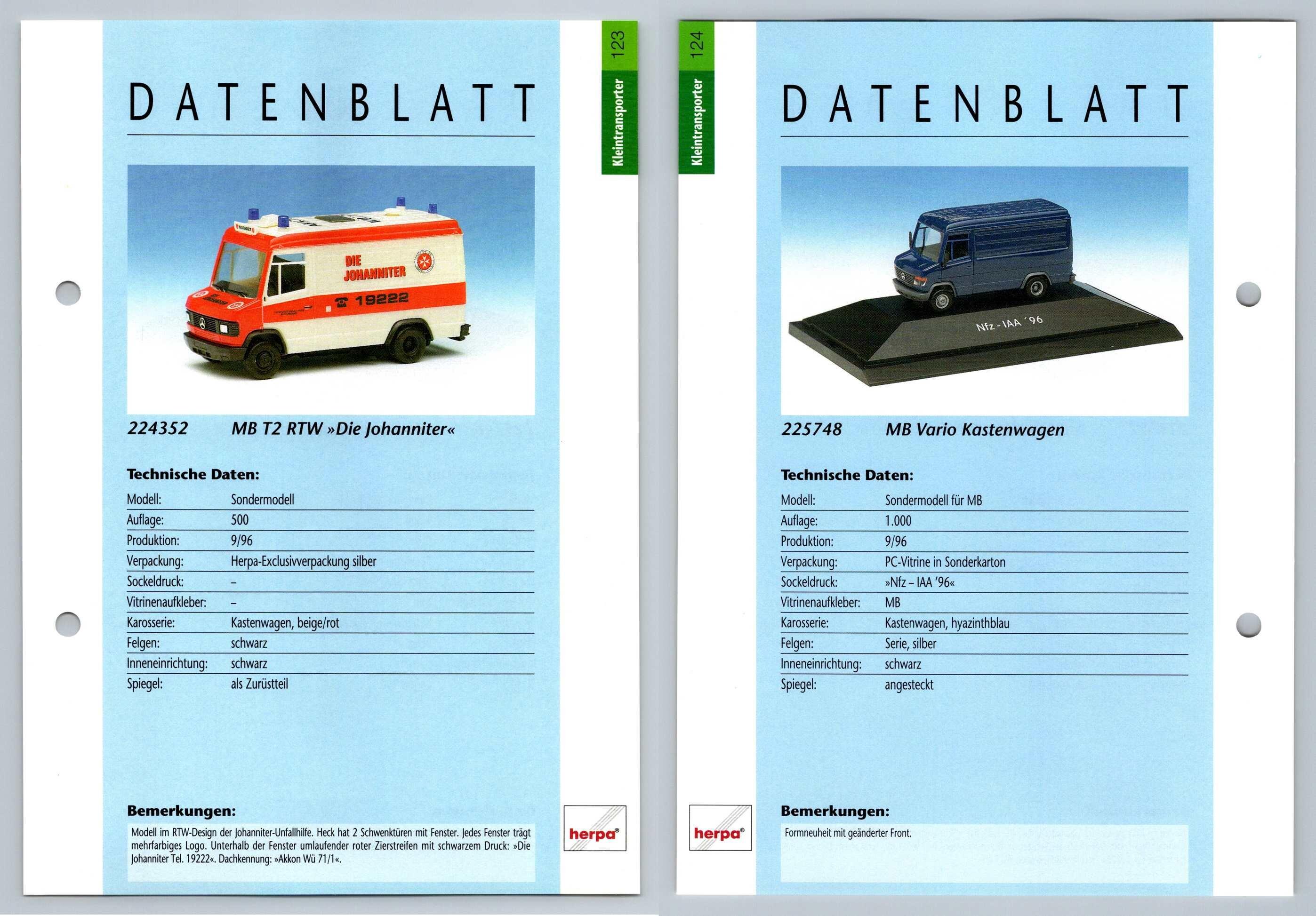 MB T2 RTW / Vario Kastenwagen #123/124 Kleintransporter - Herpa Data Sheet-Breakoutcards