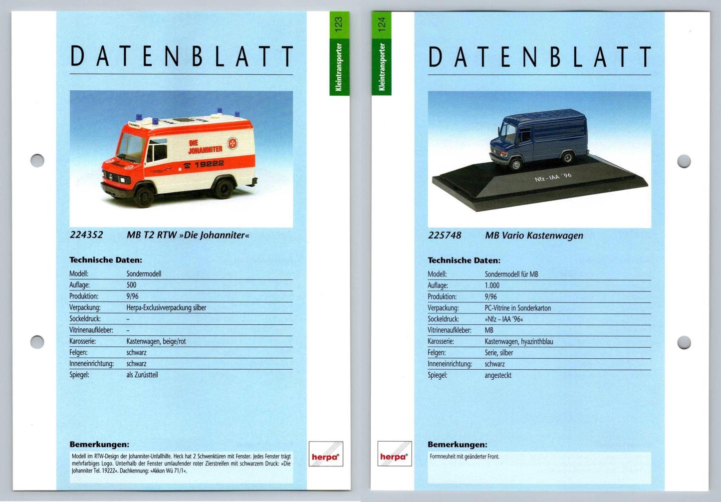 MB T2 RTW / Vario Kastenwagen #123/124 Kleintransporter - Herpa Data Sheet-Breakoutcards
