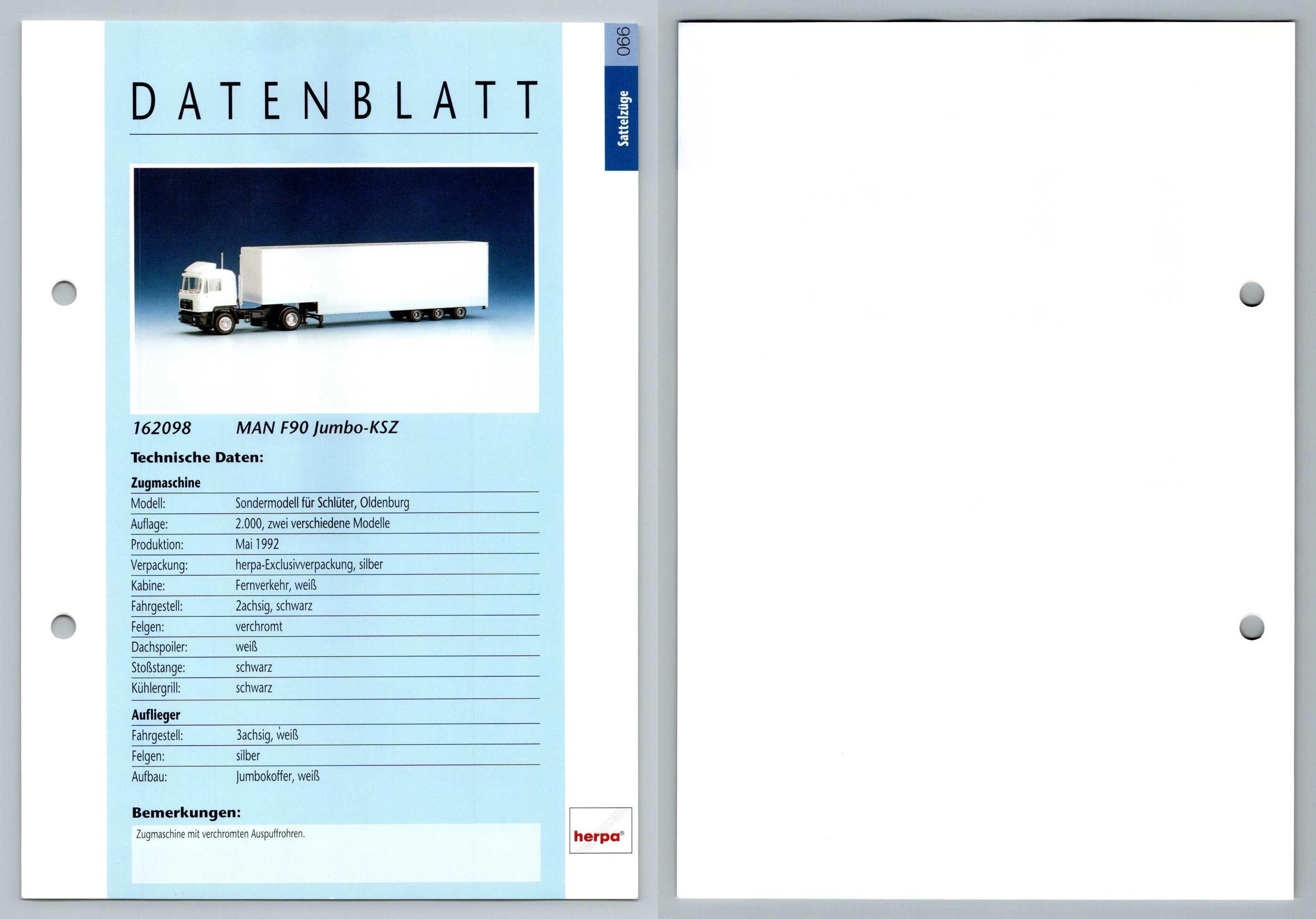 MAN F90 Jumbo KSZ #66 Sattelzuge - Herpa Data Sheet-Breakoutcards