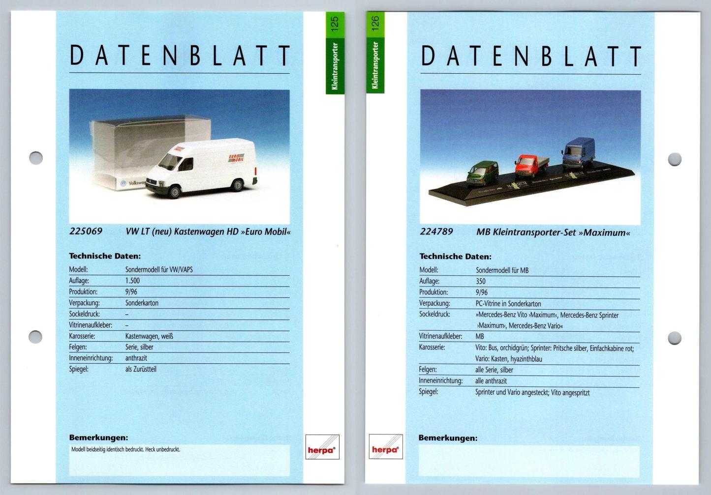 VW LT Euro Mobil / MB Set #125/126 Kleintransporter - Herpa Data Sheet-Breakoutcards