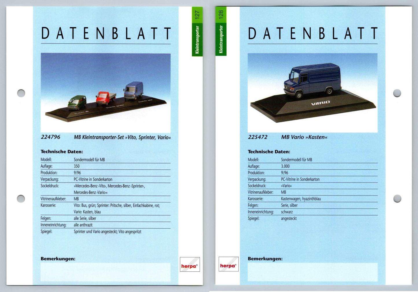 MB Set / Vario Kasten #127/128 Kleintransporter - Herpa Data Sheet-Breakoutcards