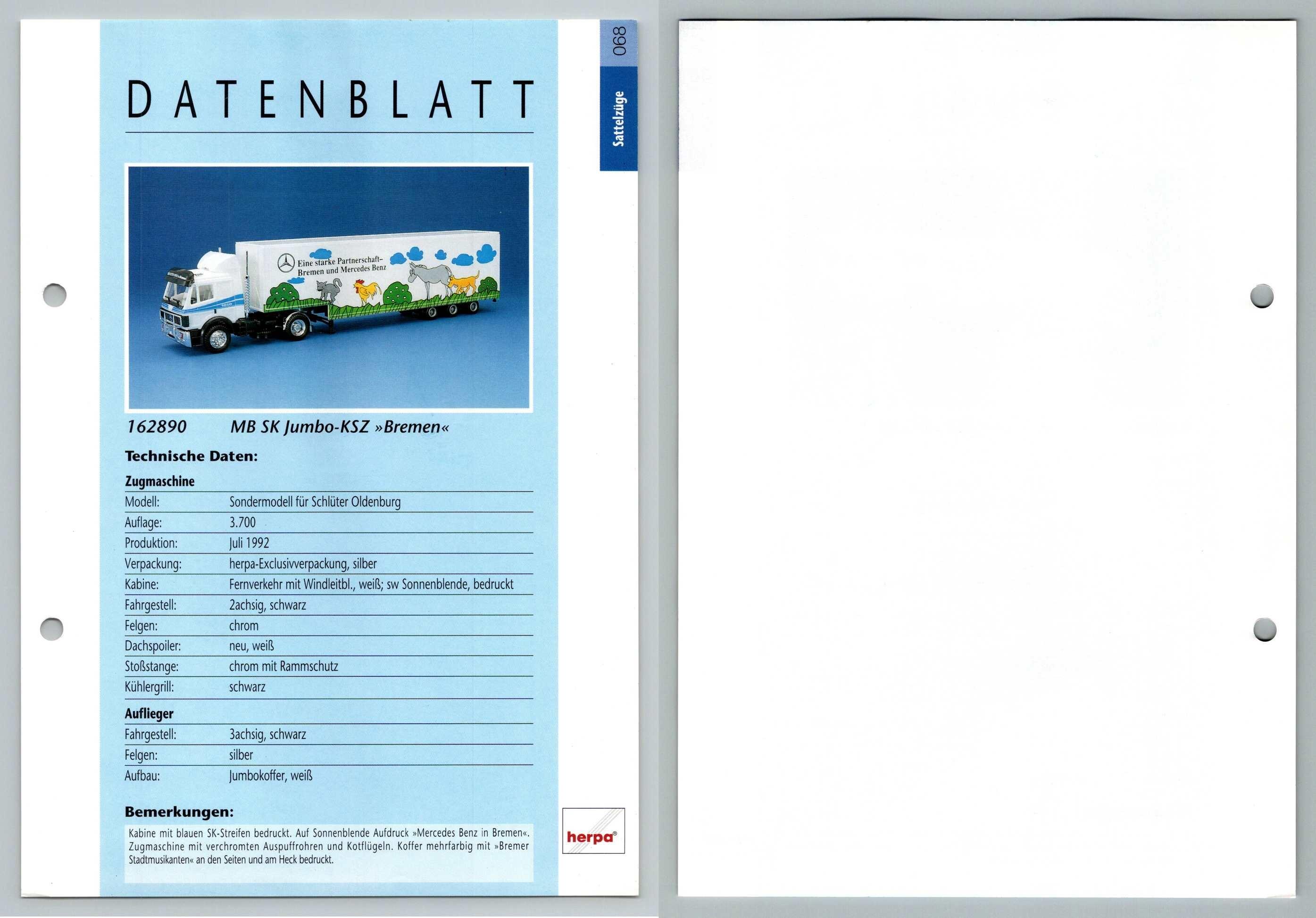 MB SK Jumbo KSZ Bremen #68 Sattelzuge - Herpa Data Sheet-Breakoutcards
