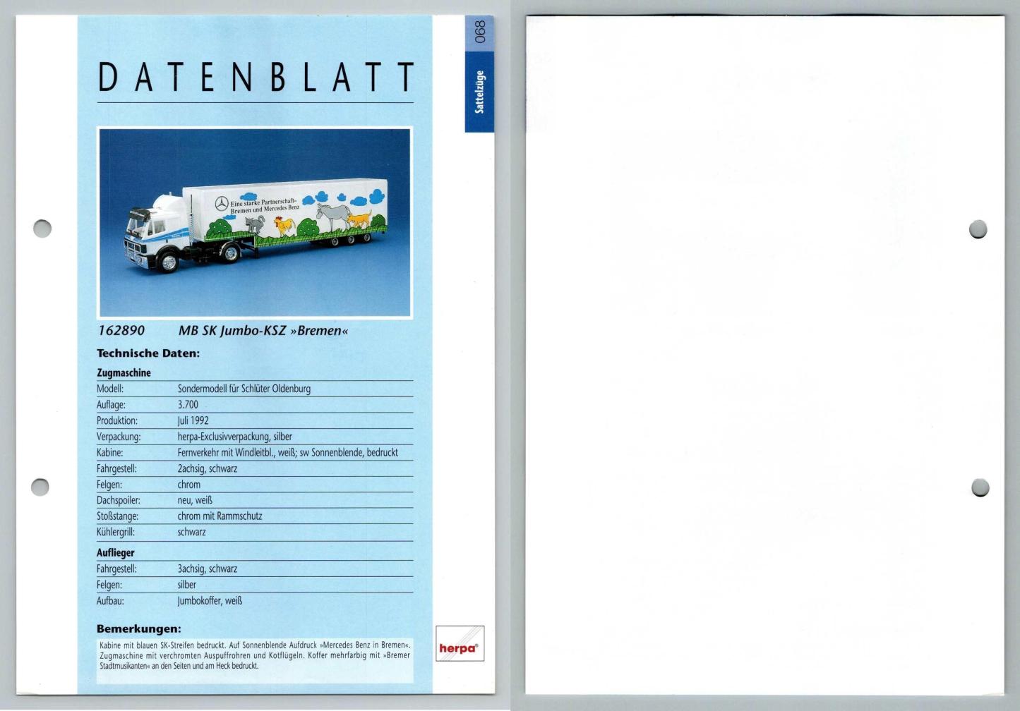 MB SK Jumbo KSZ Bremen #68 Sattelzuge - Herpa Data Sheet-Breakoutcards
