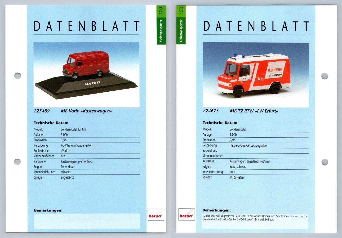 MB Vario / MB T2 RTW #129/130 Kleintransporter - Herpa Data Sheet-Breakoutcards