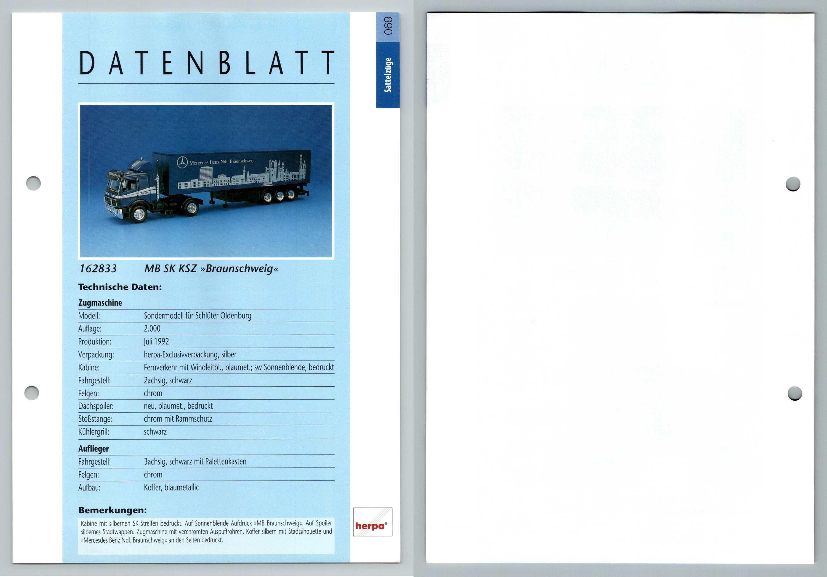MB SK KSZ Braunschweig #69 Sattelzuge - Herpa Data Sheet-Breakoutcards