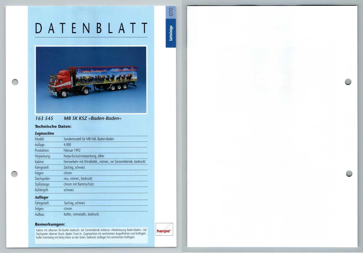 MB SK KSZ Baden Baden #70 Sattelzuge - Herpa Data Sheet-Breakoutcards