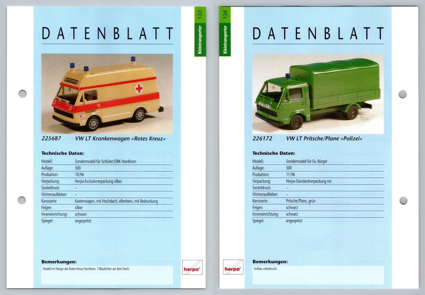 VW LT Krankenwagen / VW LT Pritsche #133/134 Kleintransporter - Herpa Data Sheet-Breakoutcards
