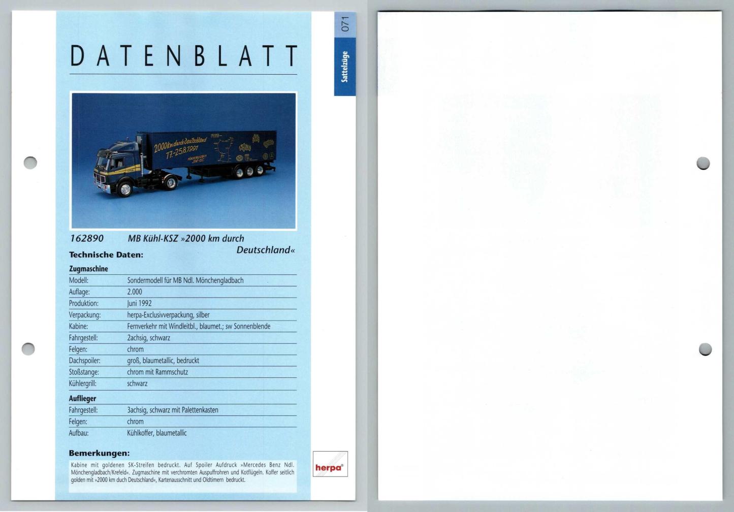 MB Kuhl KSZ 2000 km Durch #71 Sattelzuge - Herpa Data Sheet-Breakoutcards
