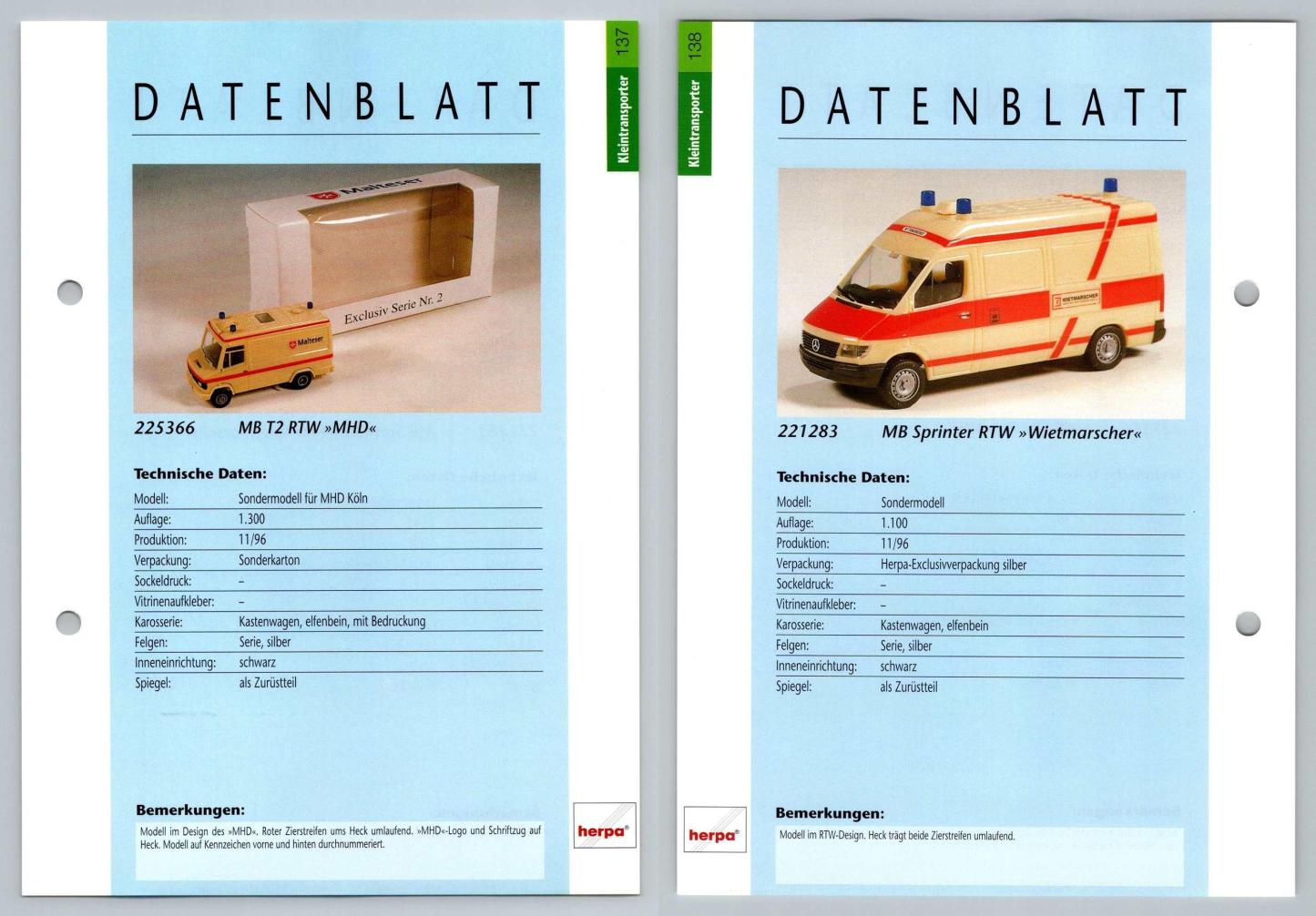 MB T2 RTW / Sprinter RTW #137/138 Kleintransporter - Herpa Data Sheet-Breakoutcards