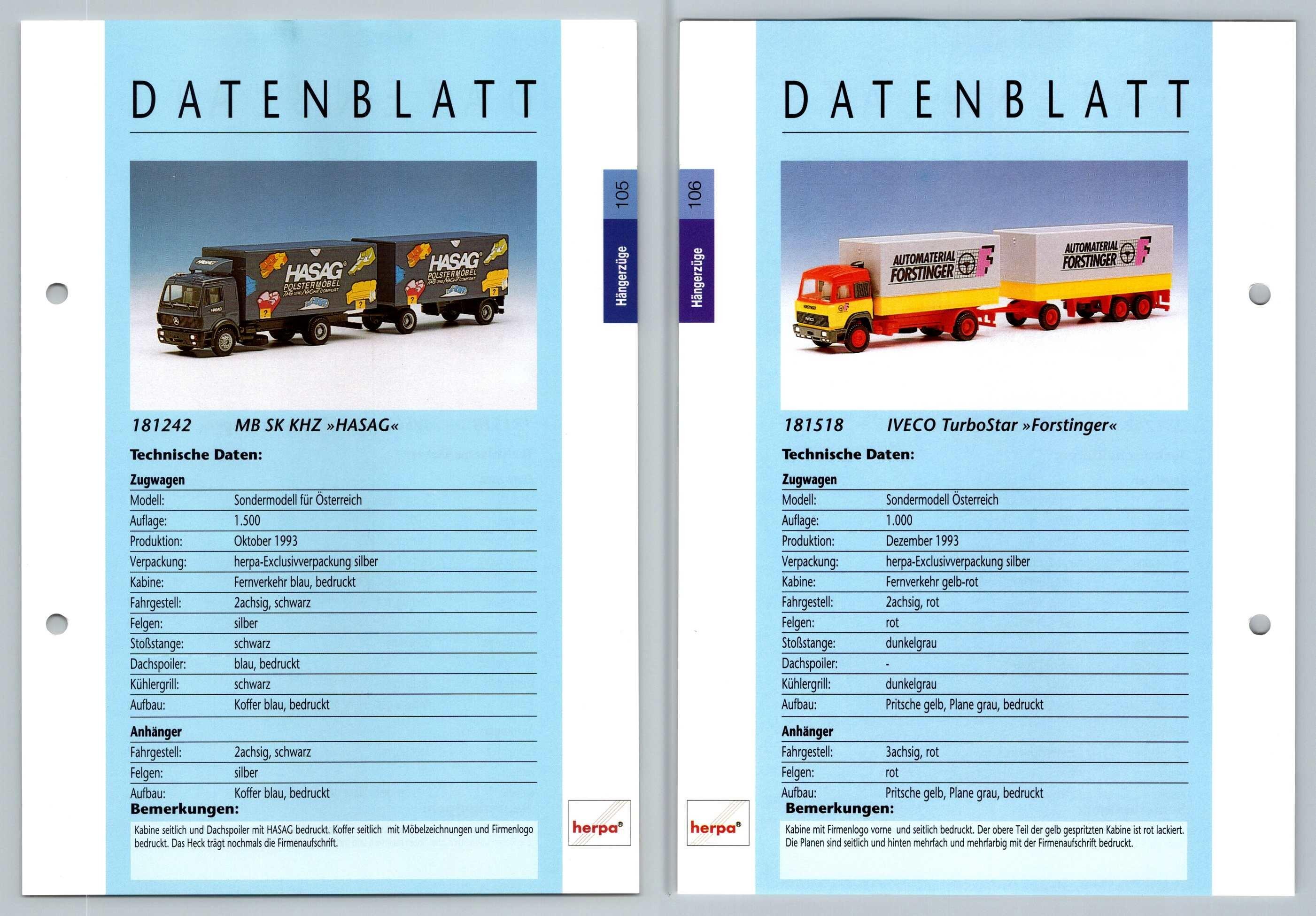 MB SK KHZ / IVECO TurboStar #105/6 Hangerzuge - Herpa Data Sheet-Breakoutcards
