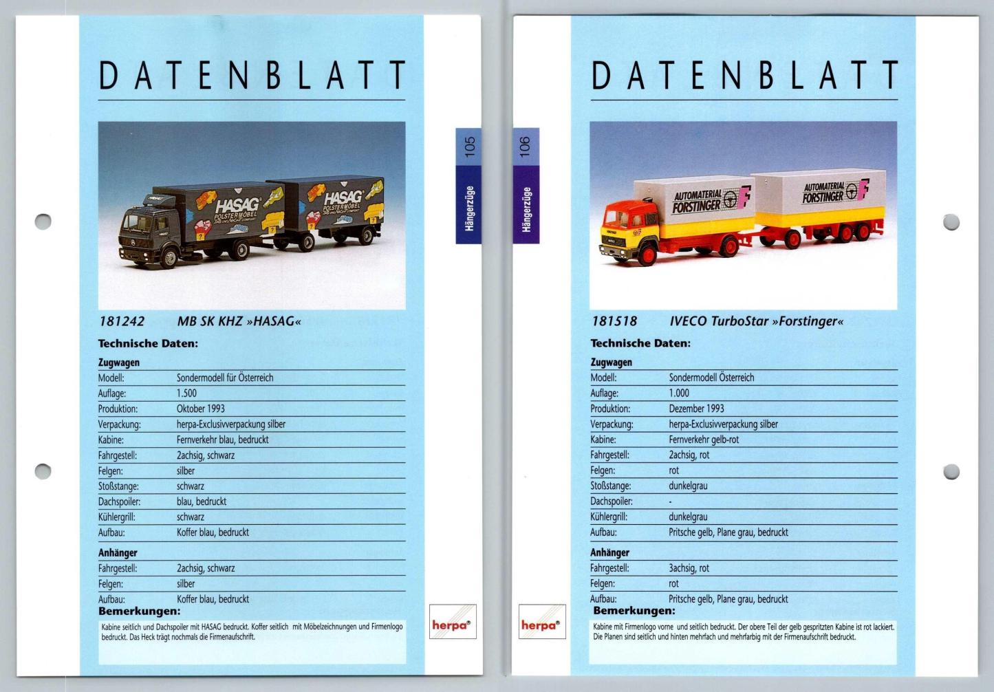 MB SK KHZ / IVECO TurboStar #105/6 Hangerzuge - Herpa Data Sheet-Breakoutcards