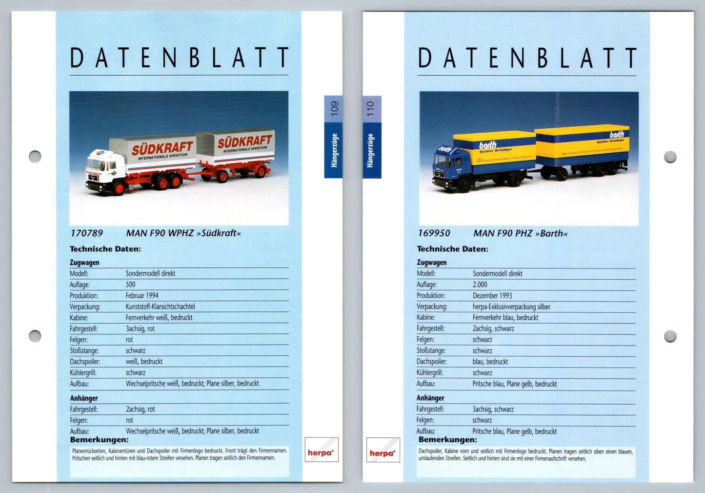 MAN F90 WPHZ / MAN F90 PHZ #109/110 Hangerzuge - Herpa Data Sheet-Breakoutcards