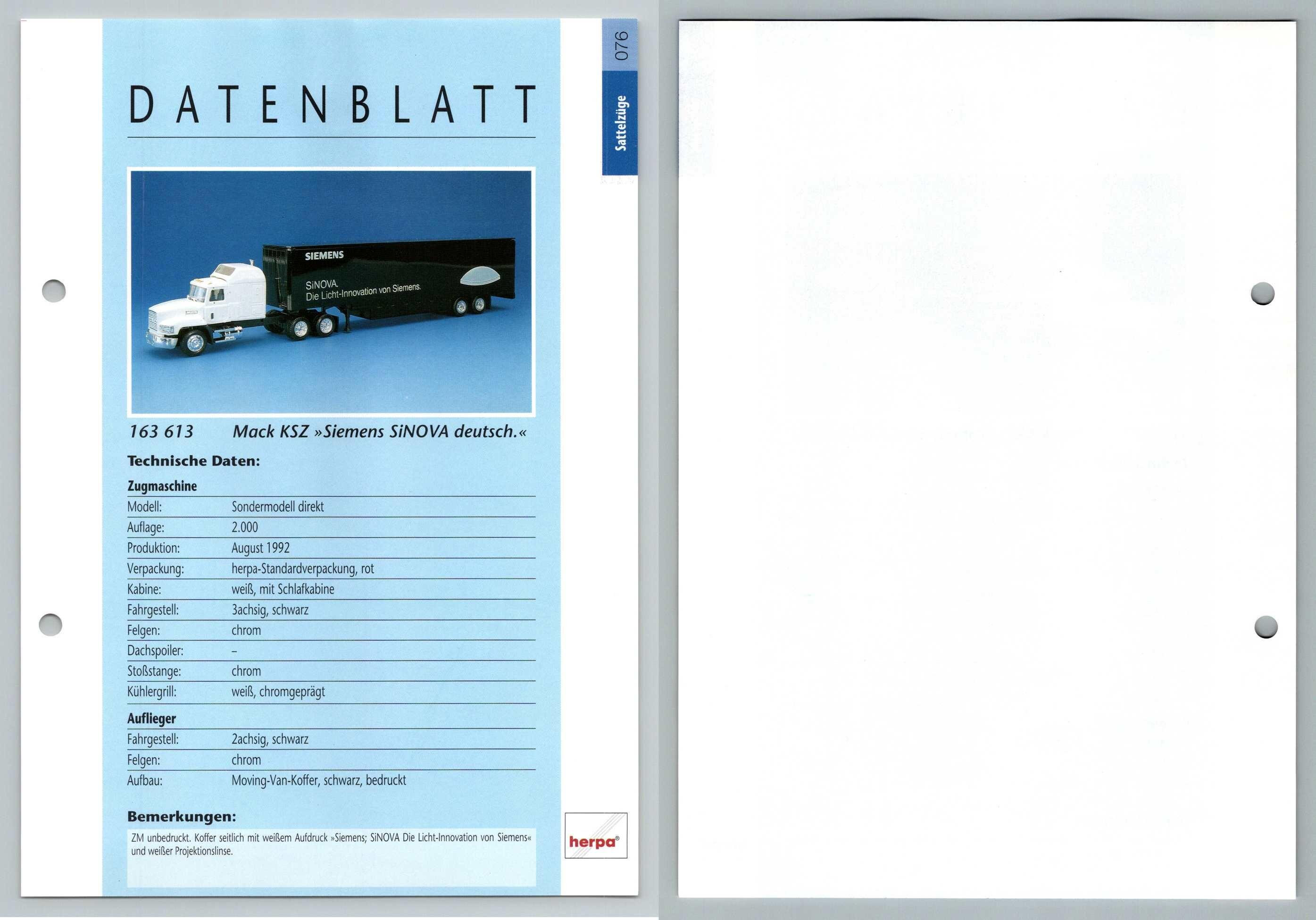 Mack KSZ Siemens SiNOVA #76 Sattelzuge - Herpa Data Sheet-Breakoutcards