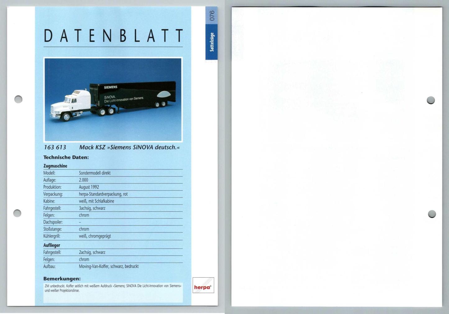 Mack KSZ Siemens SiNOVA #76 Sattelzuge - Herpa Data Sheet-Breakoutcards