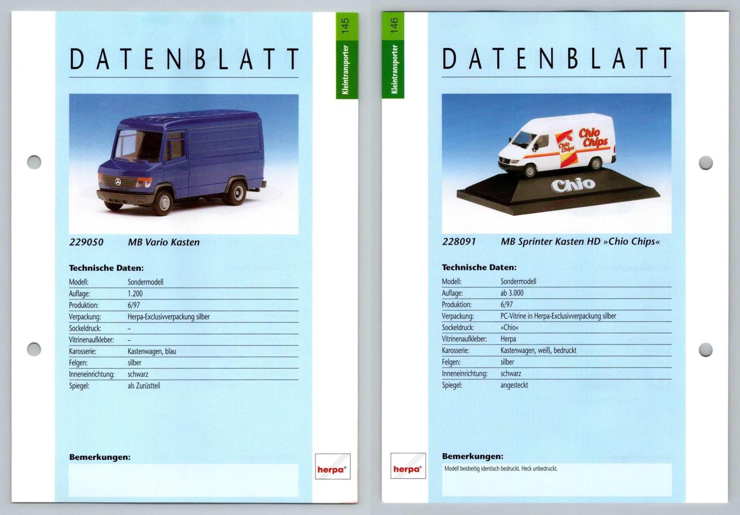 MB Vario Kasten / Sprinter Kasten HD #145/146 Kleintransporter - Herpa Data Sheet-Breakoutcards