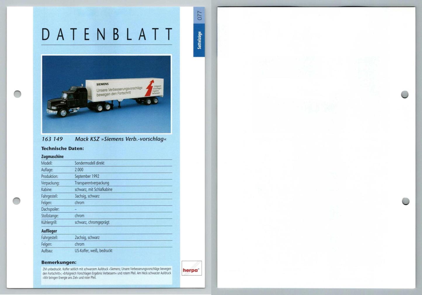 Mack KSZ Siemens Verb Vorschlag #77 Sattelzuge - Herpa Data Sheet-Breakoutcards