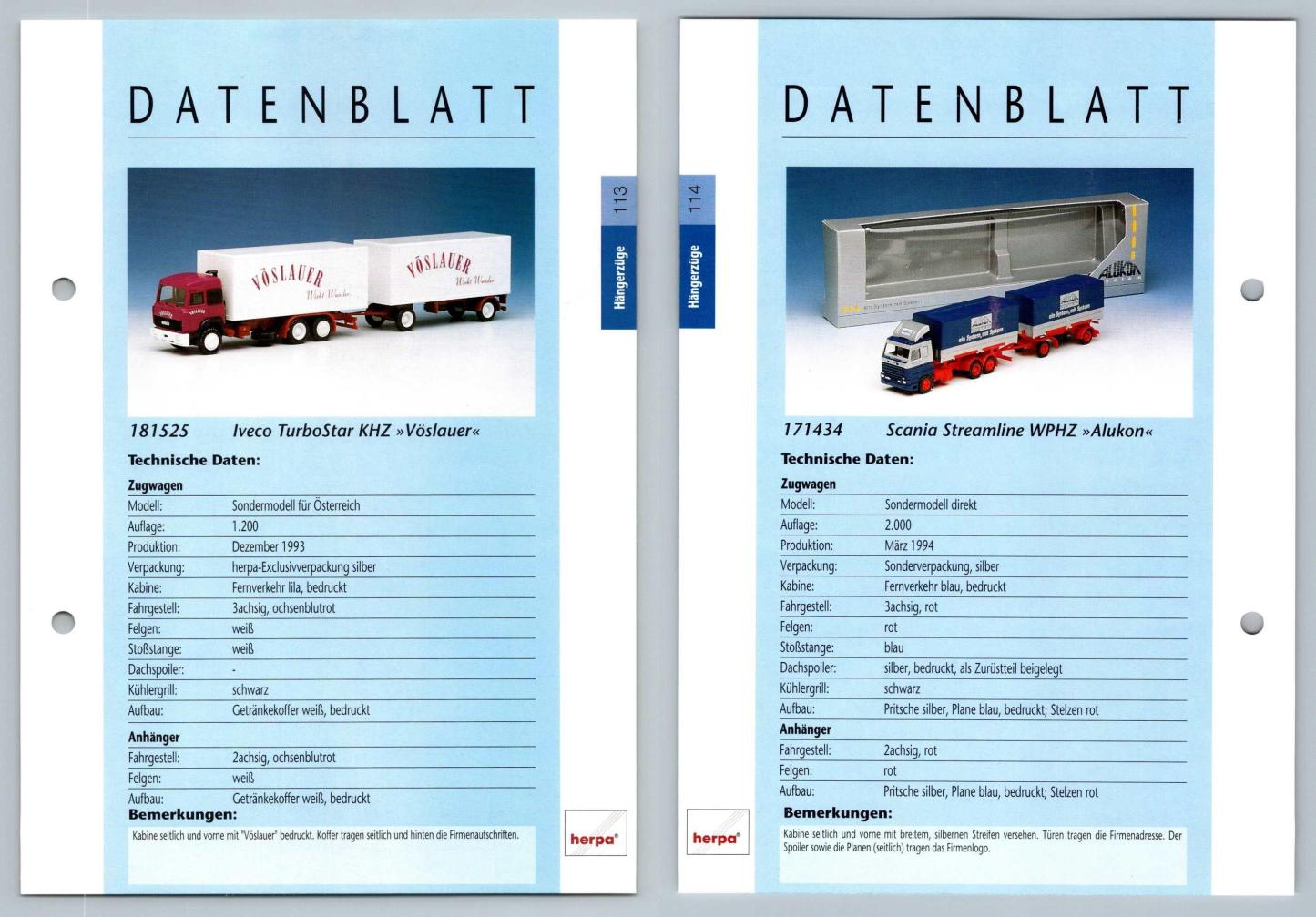 Iveco TurboStar KHZ / Scania Streamline #113/4 Hangerzuge - Herpa Data Sheet-Breakoutcards