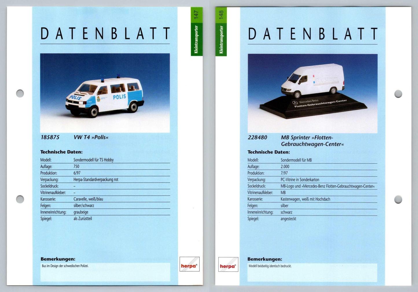 VW T4 Polis / MB Sprinter #147/148 Kleintransporter - Herpa Data Sheet-Breakoutcards