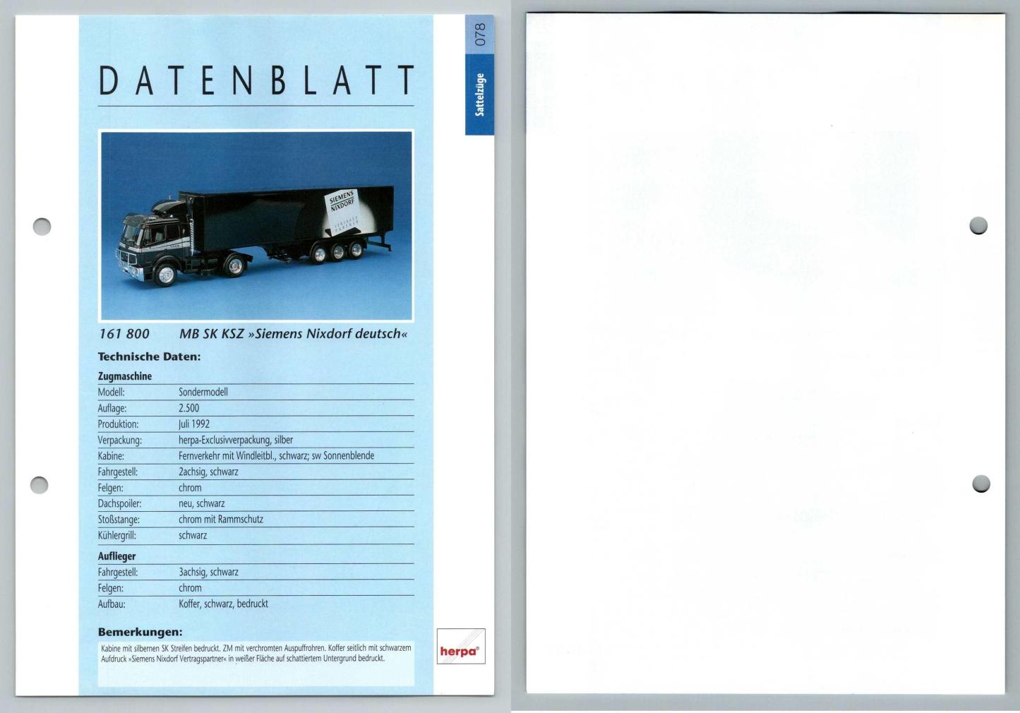MB SK KSZ Siemens Nixdorf #78 Sattelzuge - Herpa Data Sheet-Breakoutcards