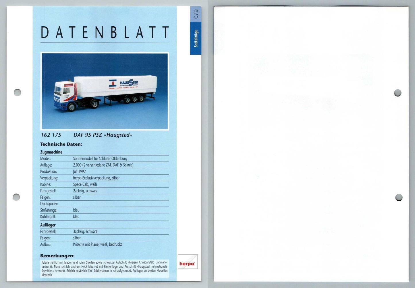 DAF 95 PSZ Haugsted #79 Sattelzuge - Herpa Data Sheet-Breakoutcards