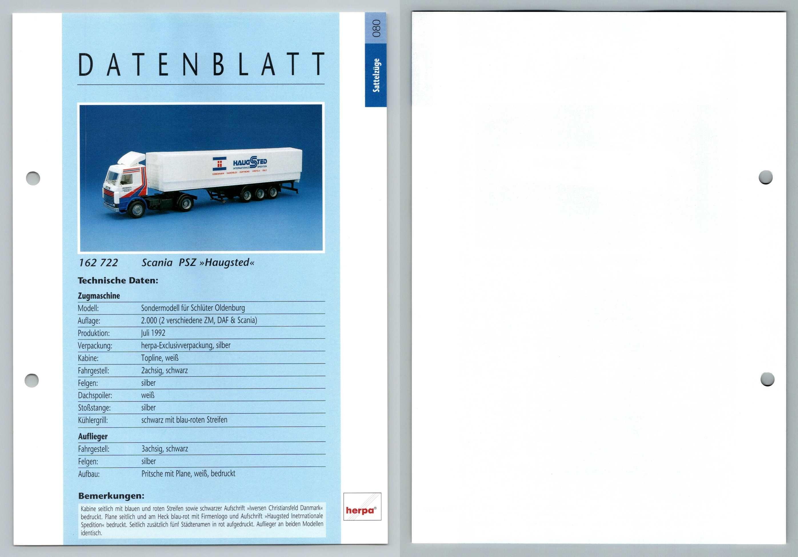 Scania PSZ Haugsted #80 Sattelzuge - Herpa Data Sheet-Breakoutcards