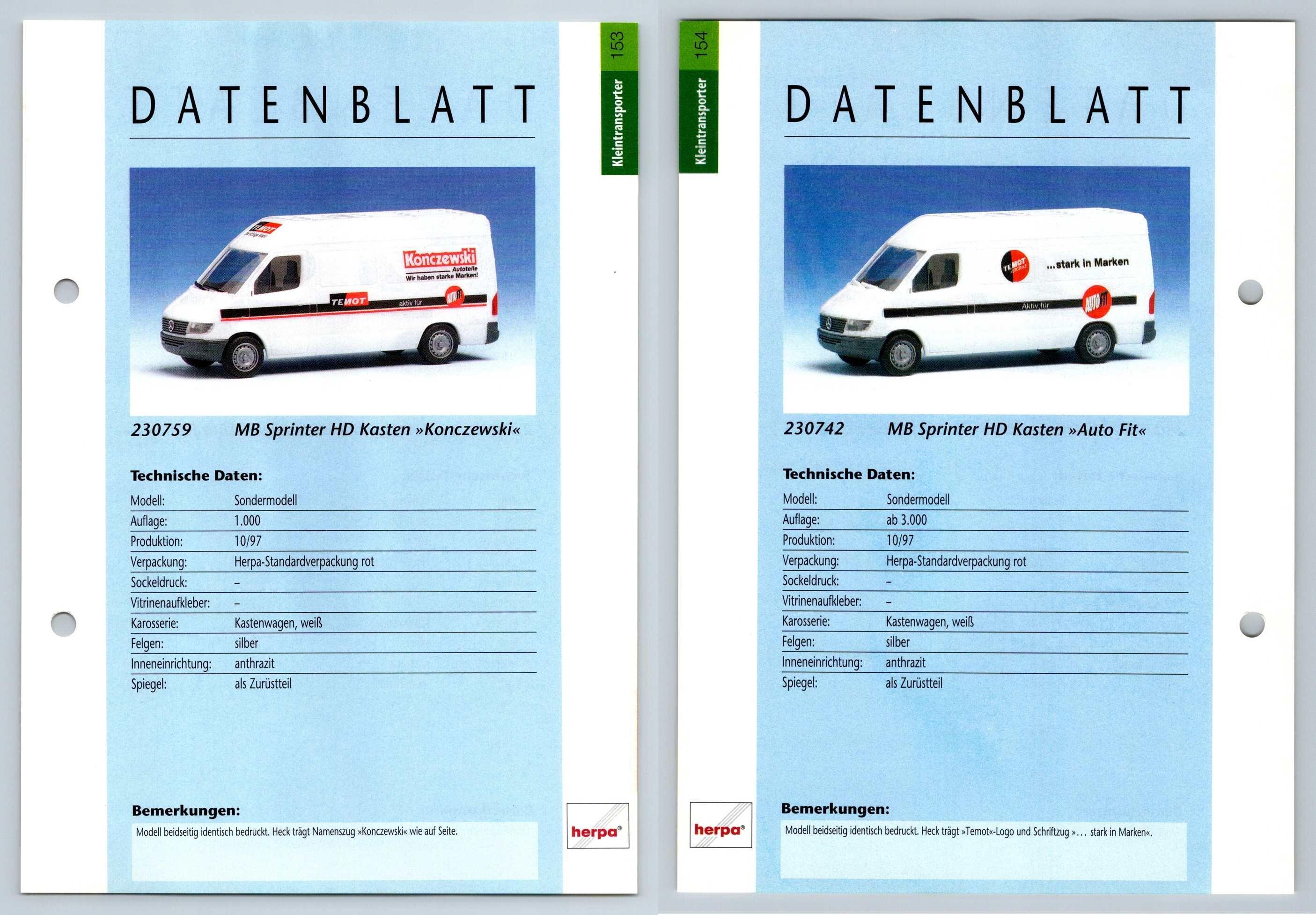MB Sprinter HD Kasten #153/154 Kleintransporter - Herpa Data Sheet-Breakoutcards