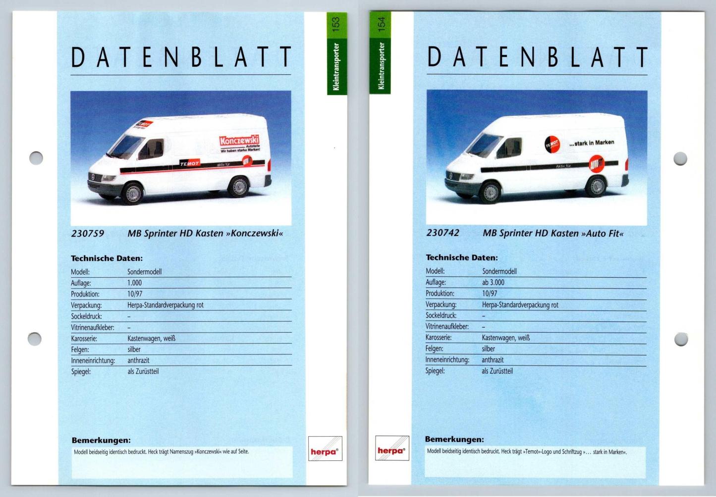 MB Sprinter HD Kasten #153/154 Kleintransporter - Herpa Data Sheet-Breakoutcards