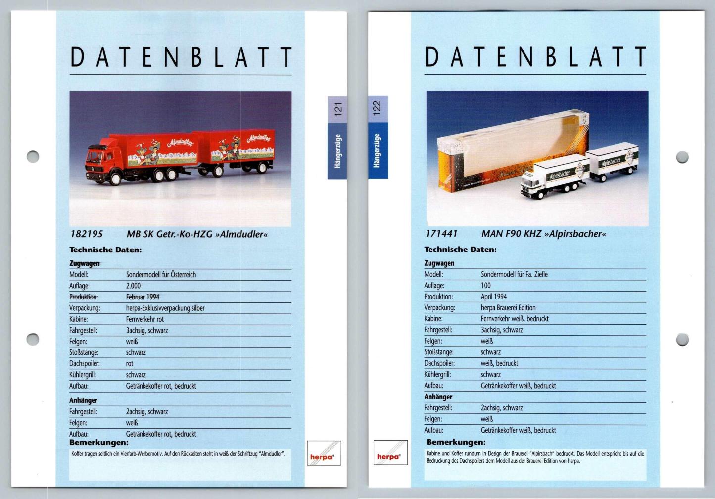 MB SK Getr-Ko-HZG / MAN F90 #121/2 Hangerzuge - Herpa Data Sheet-Breakoutcards