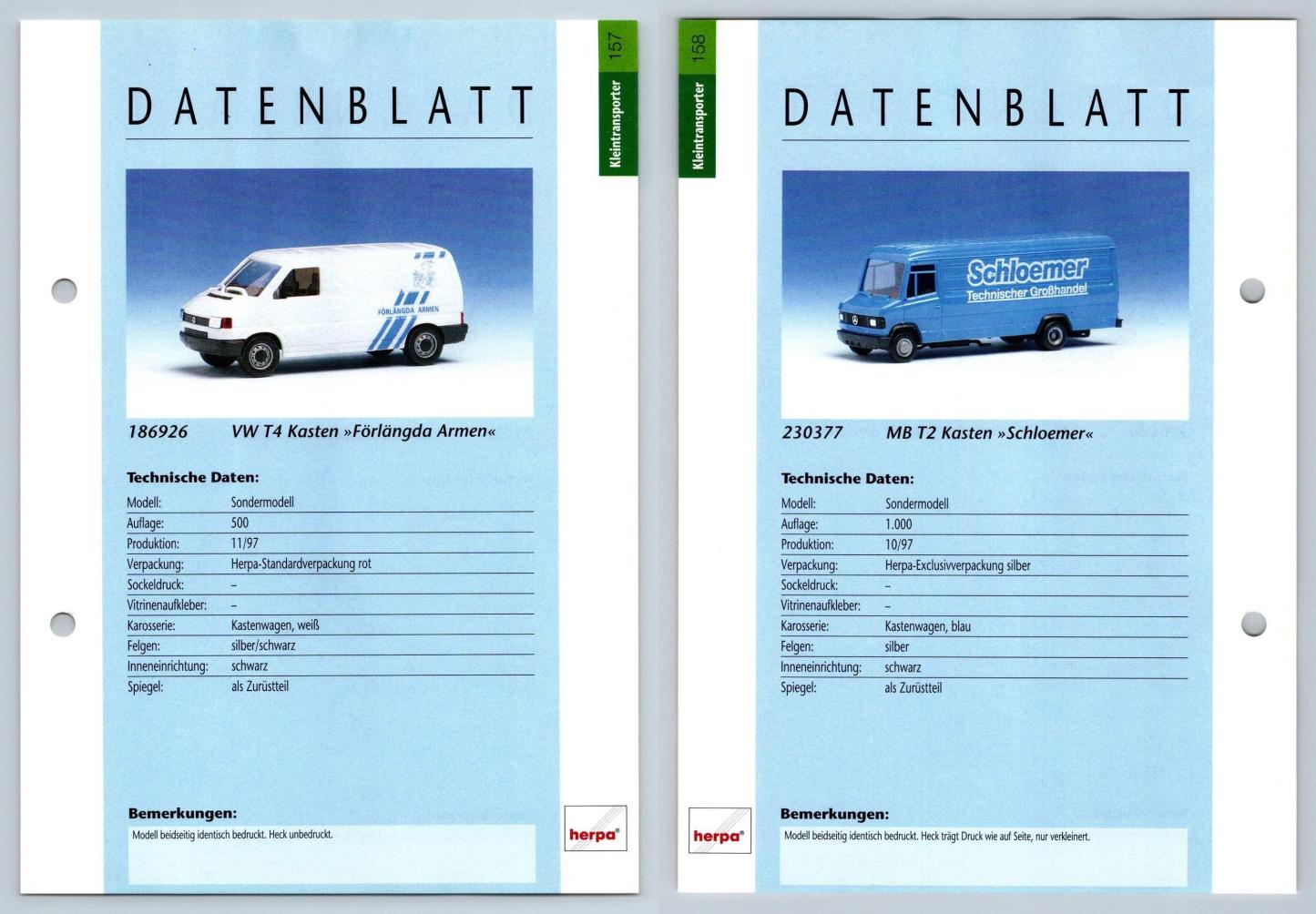 VW T4 Kasten / MB T2 Kasten #157/158 Kleintransporter - Herpa Data Sheet-Breakoutcards