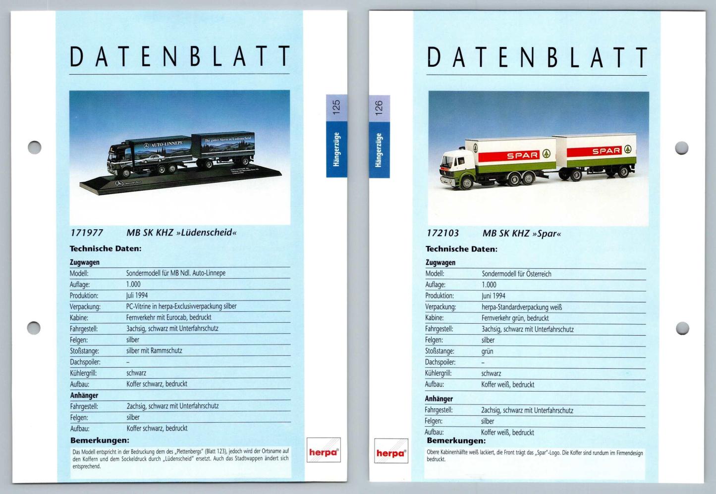 MB SK KHZ Ludenscheid / Spar #125/6 Hangerzuge - Herpa Data Sheet-Breakoutcards