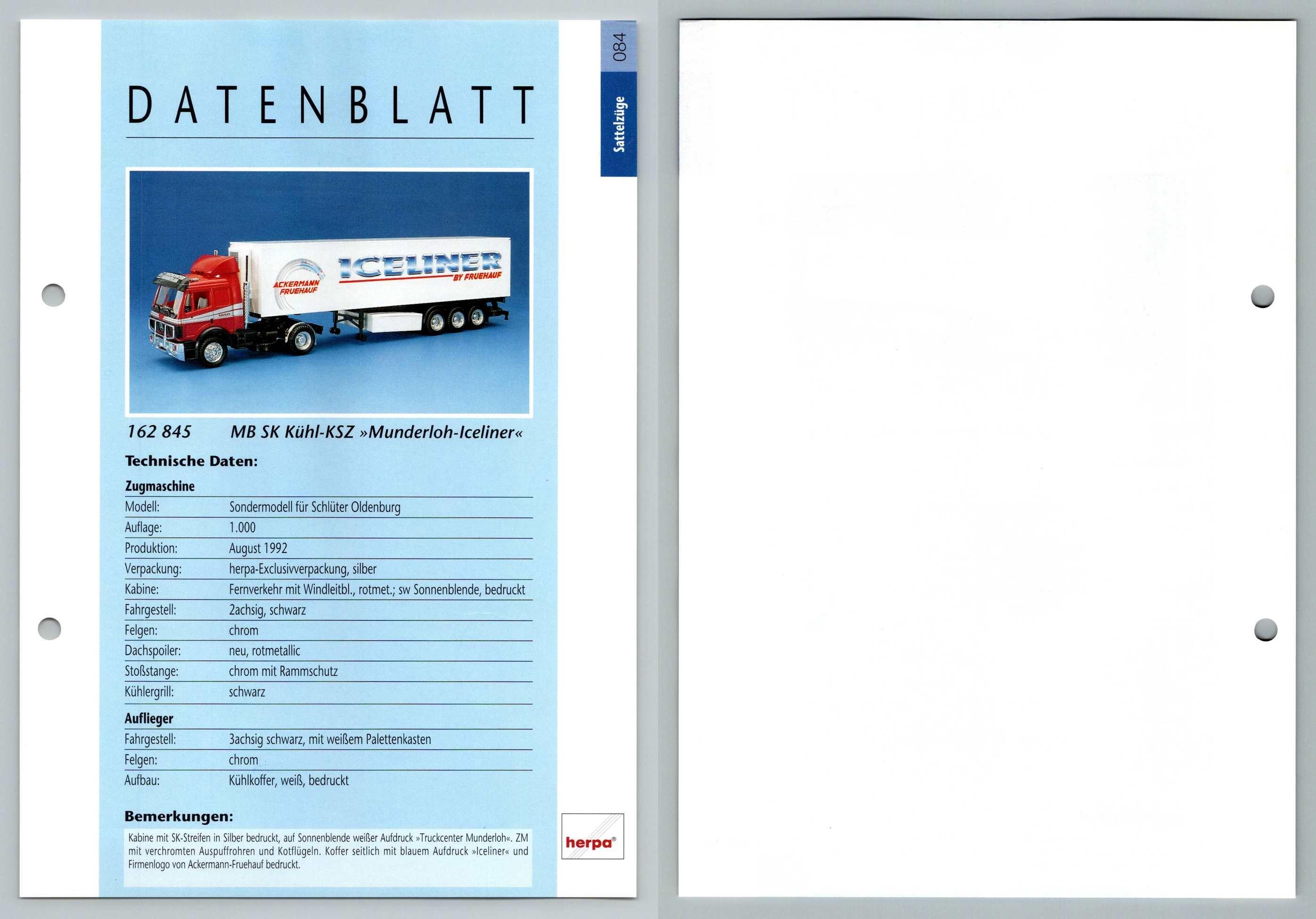 MB SK Kuhl KSZ Munderloh-Iceliner #84 Sattelzuge - Herpa Data Sheet-Breakoutcards