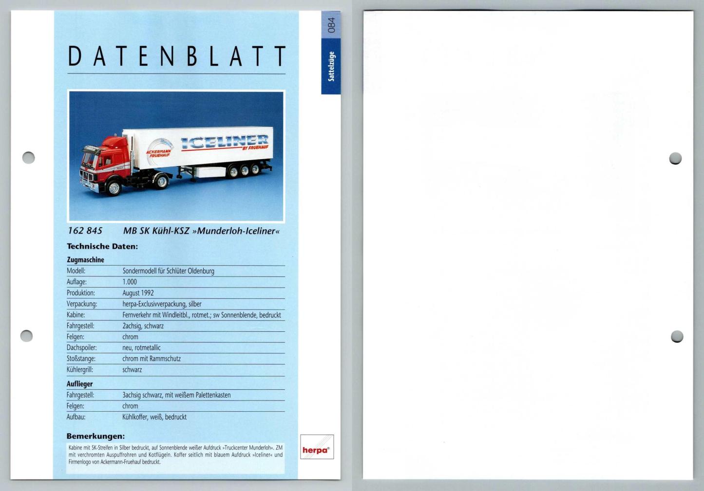 MB SK Kuhl KSZ Munderloh-Iceliner #84 Sattelzuge - Herpa Data Sheet-Breakoutcards