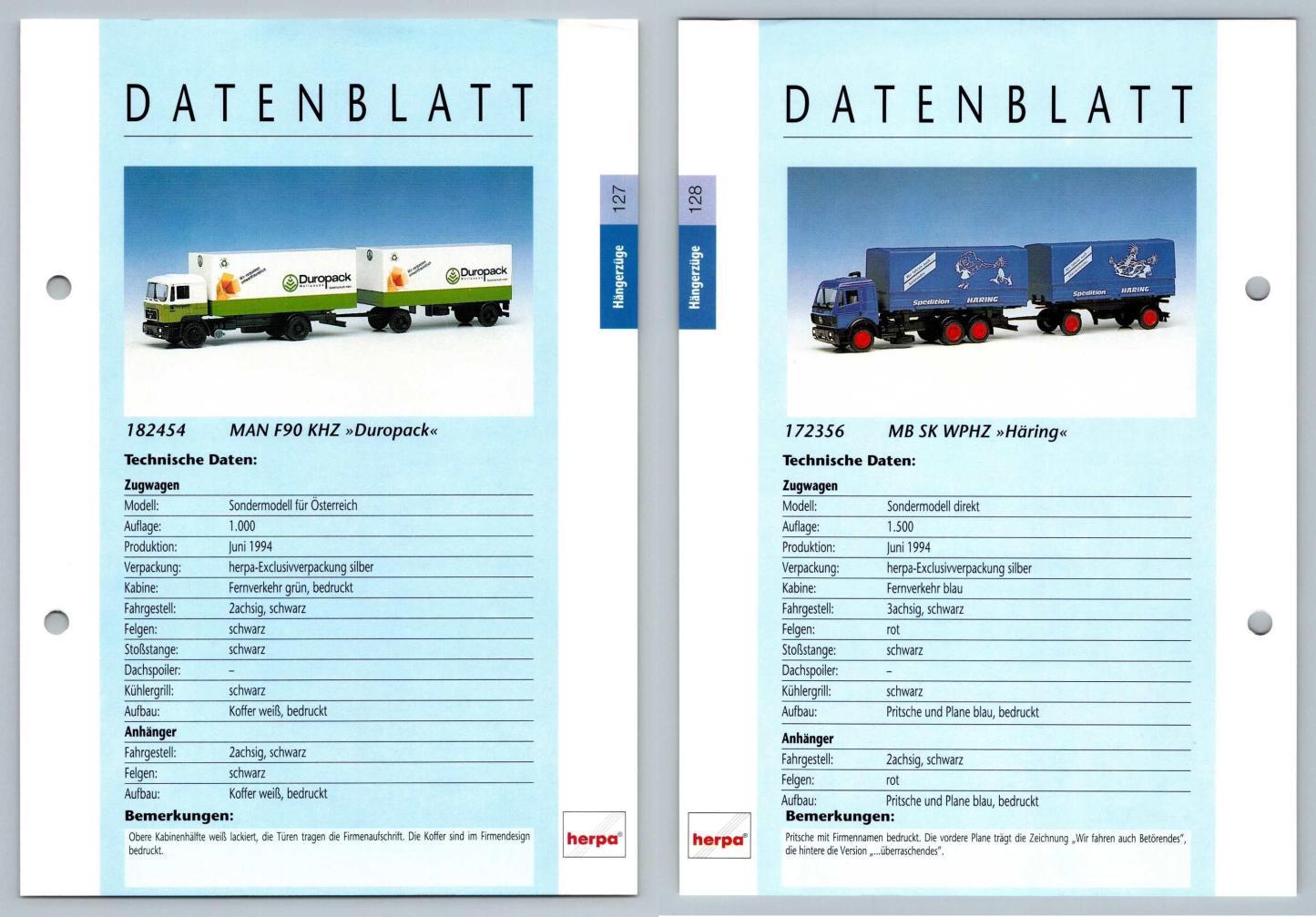 MAN F90 KHZ / MB SK WPHZ #127/8 Hangerzuge - Herpa Data Sheet-Breakoutcards
