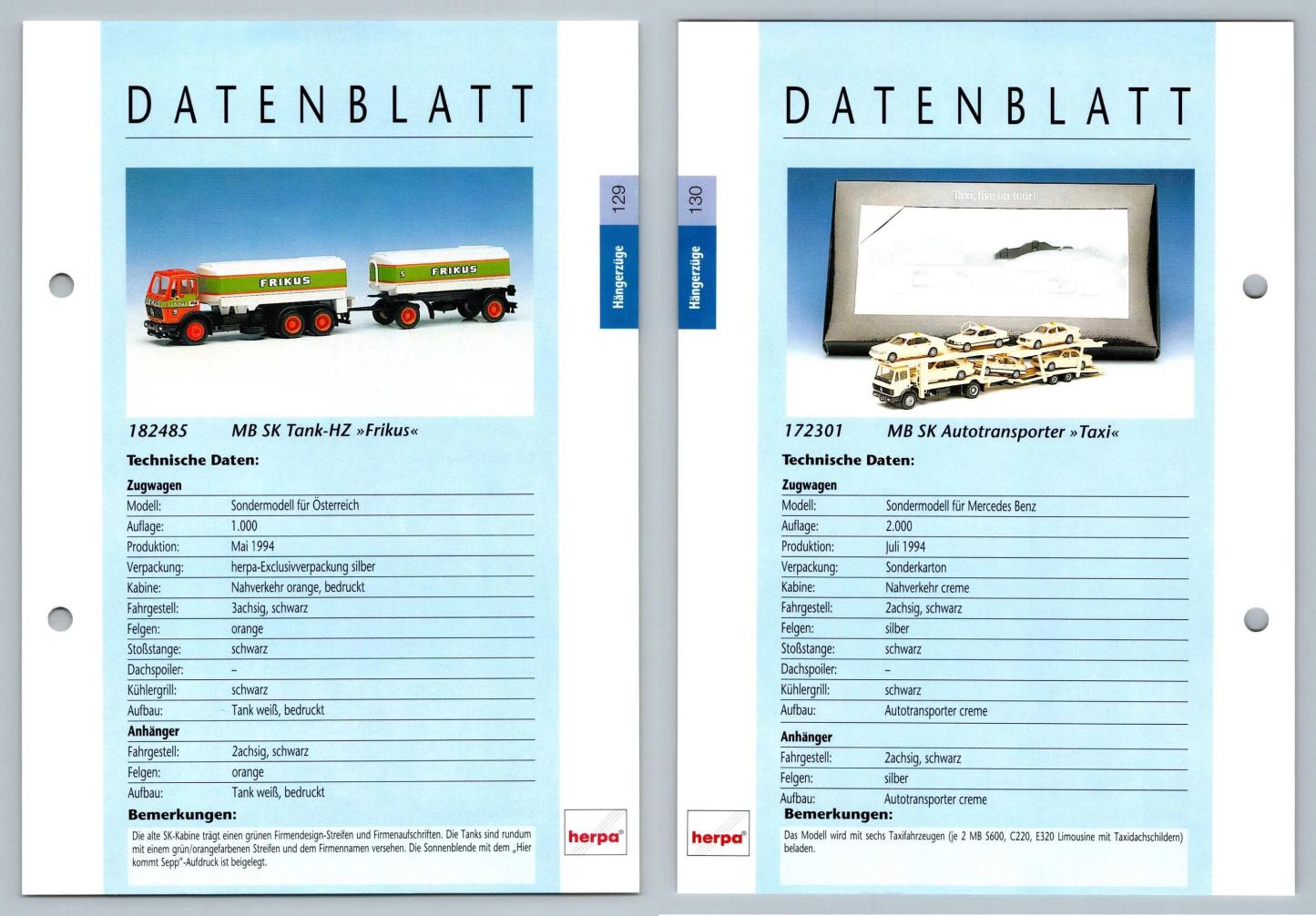 MB SK Tank / MB SK Autotransporter #129/30 Hangerzuge - Herpa Data Sheet-Breakoutcards