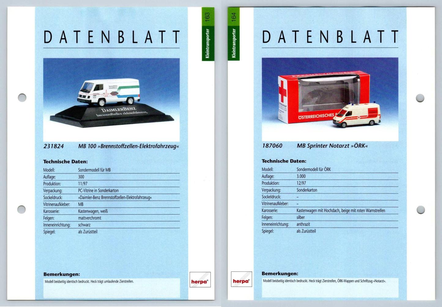 MB 100/ Sprinter Notarzt #163/164 Kleintransporter - Herpa Data Sheet-Breakoutcards