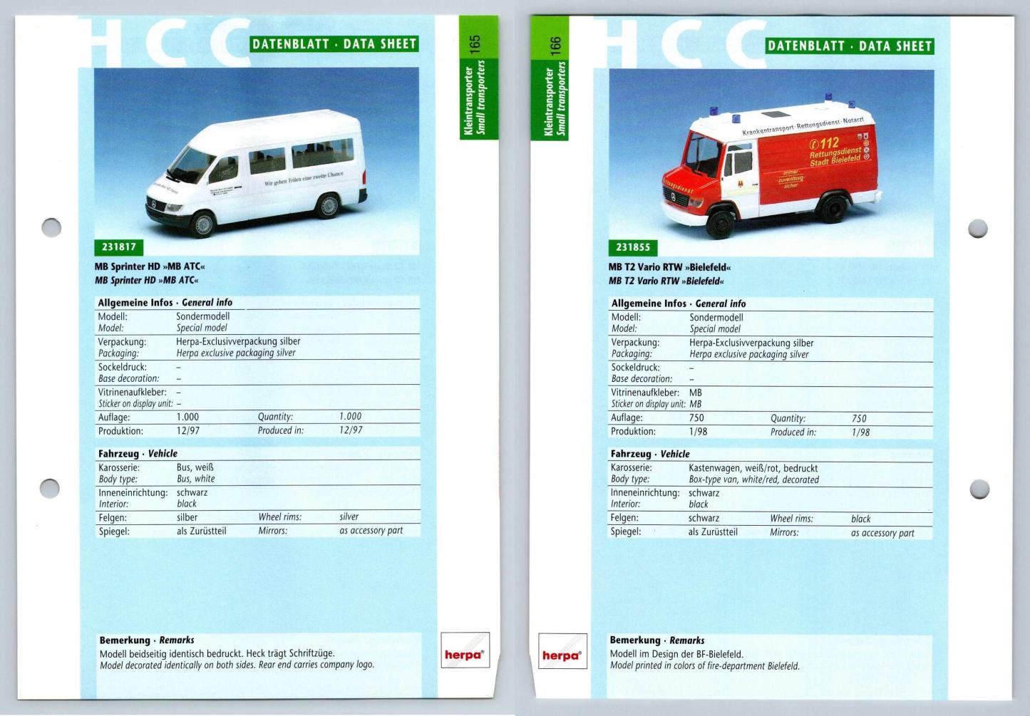 MB Sprinter HD MB ATC / T2 Vario RTW #165/166 Kleintransporter - Herpa Data Sheet-Breakoutcards