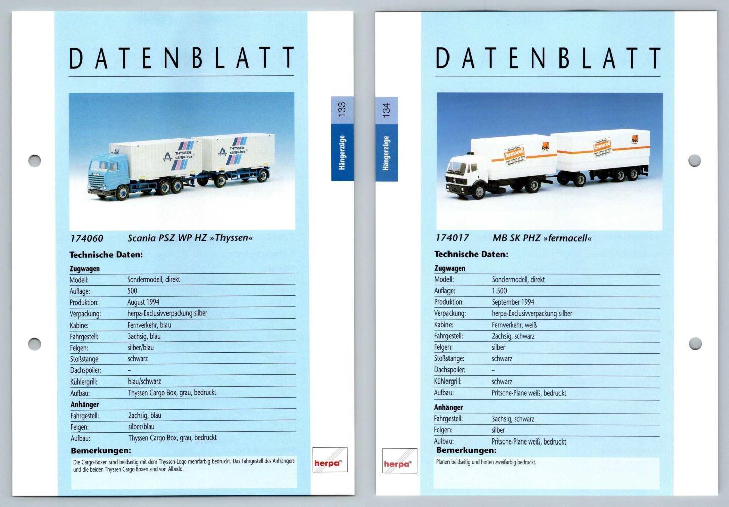 Scania PSZ WP HZ / MB SK PHZ #133/4 Hangerzuge - Herpa Data Sheet-Breakoutcards