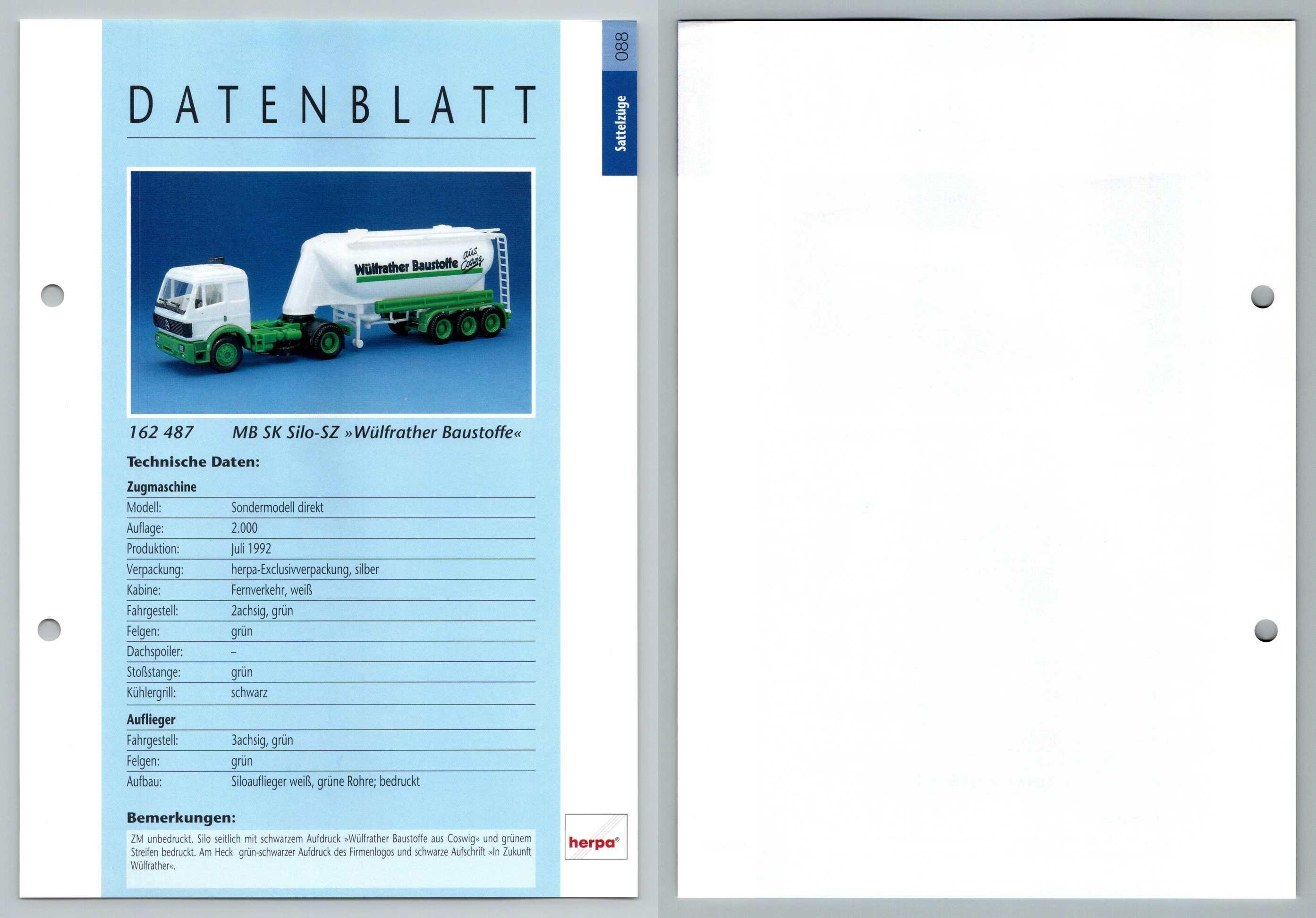 MB SK Silo SZ Wulfrather Baustoffe #88 Sattelzuge - Herpa Data Sheet-Breakoutcards