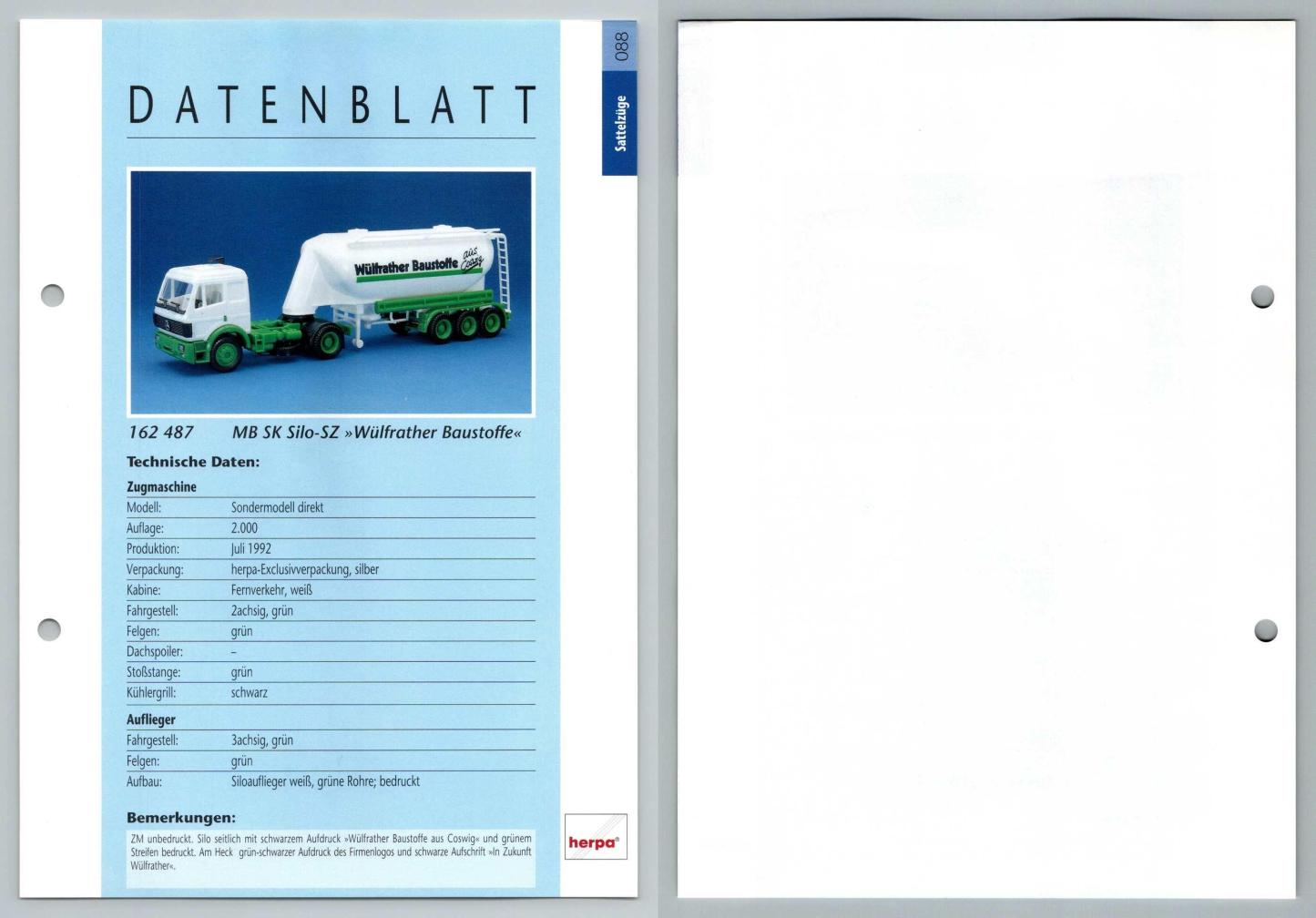 MB SK Silo SZ Wulfrather Baustoffe #88 Sattelzuge - Herpa Data Sheet-Breakoutcards