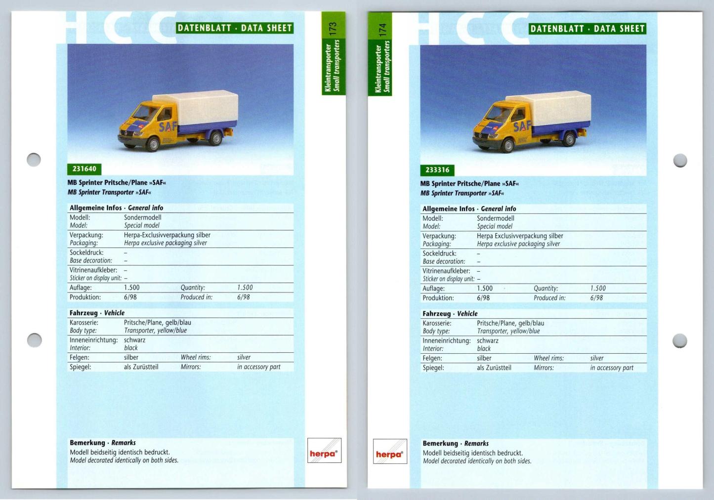 MB Sprinter Pritsche/Plane #173/174 Kleintransporter - Herpa Data Sheet-Breakoutcards